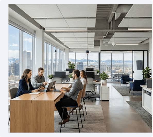 Business team collaborating at a wooden table in a bright, modern high-rise office with city views.