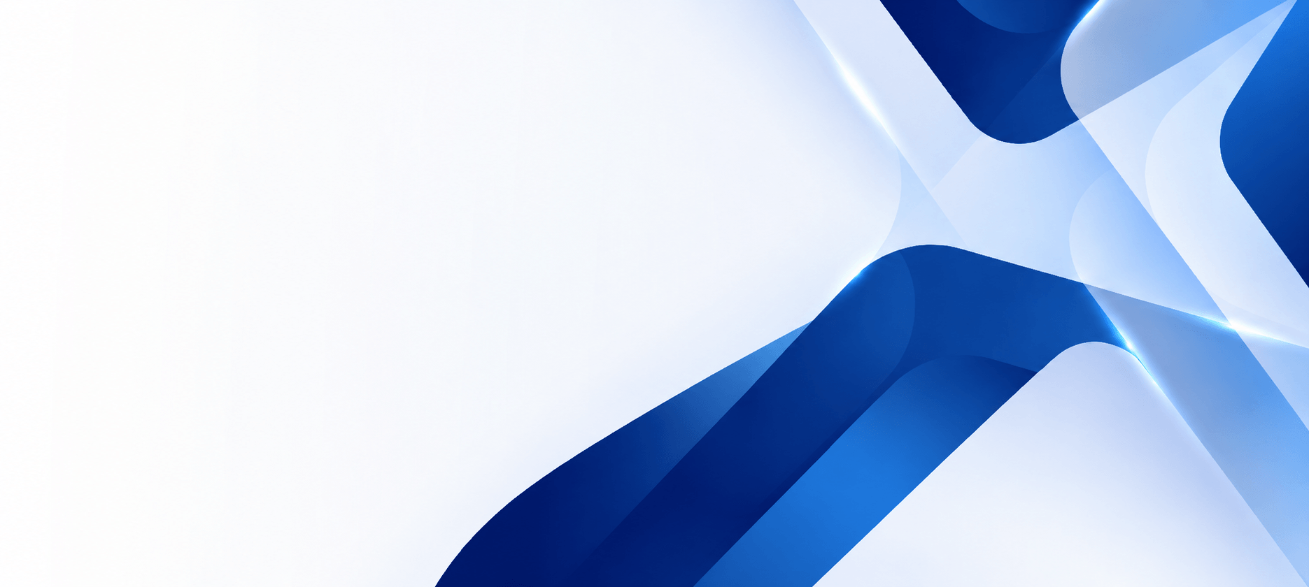 Abstract background with flowing blue geometric curves and light streaks over a white backdrop.