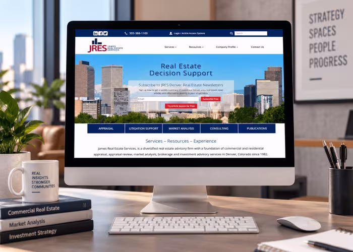 James Real Estate Services website displayed on a desktop monitor in a polished modern office with real estate books, plants, a keyboard, and desk accessories.